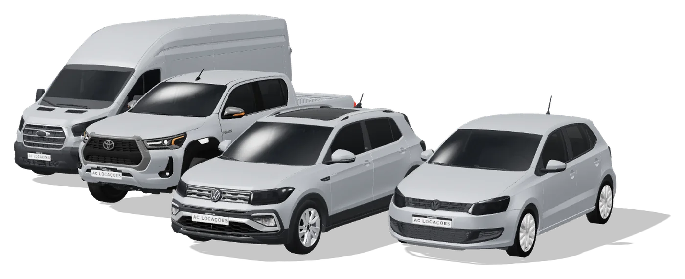 Utilitário, picape, SUV e hatch prateados em 3D, representando a frota